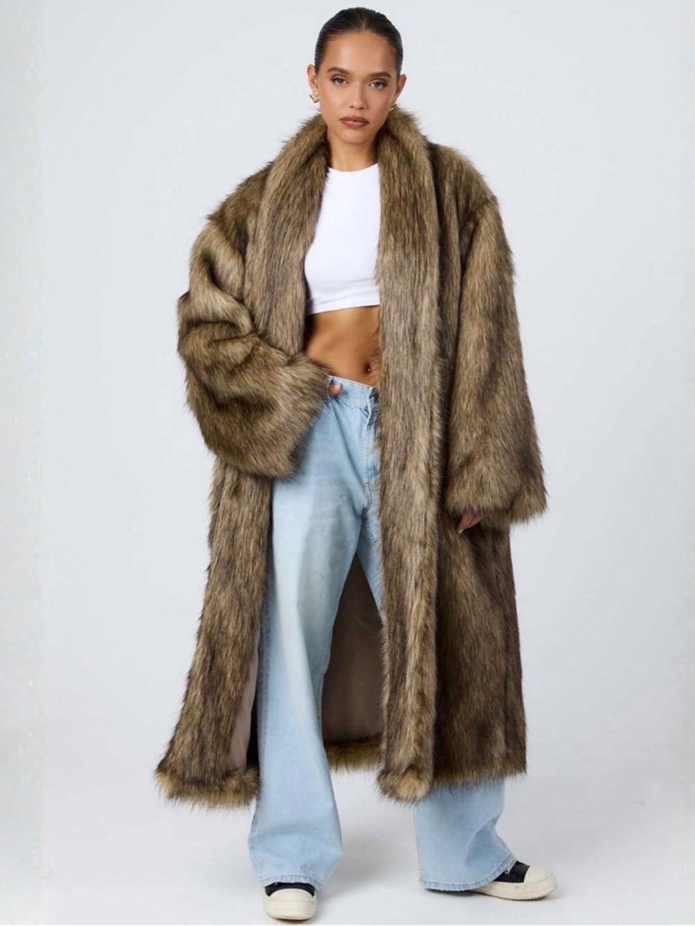 Long Faux Fur Coat in Brown